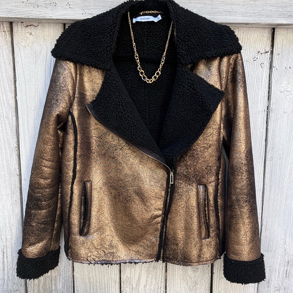 Bronze/Gold Faux Shearling Wool Bomber Jacket
